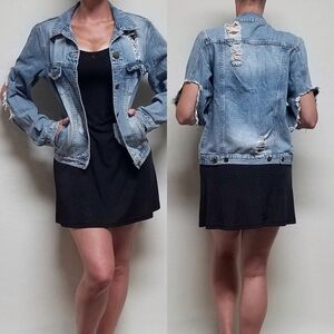 FE June Extra Distressed Ripped Light Wash Stone Wash Lightweight Denim Jacket